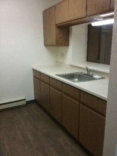 Image of cabinets, sink, faucet, counter, heater, and mirror